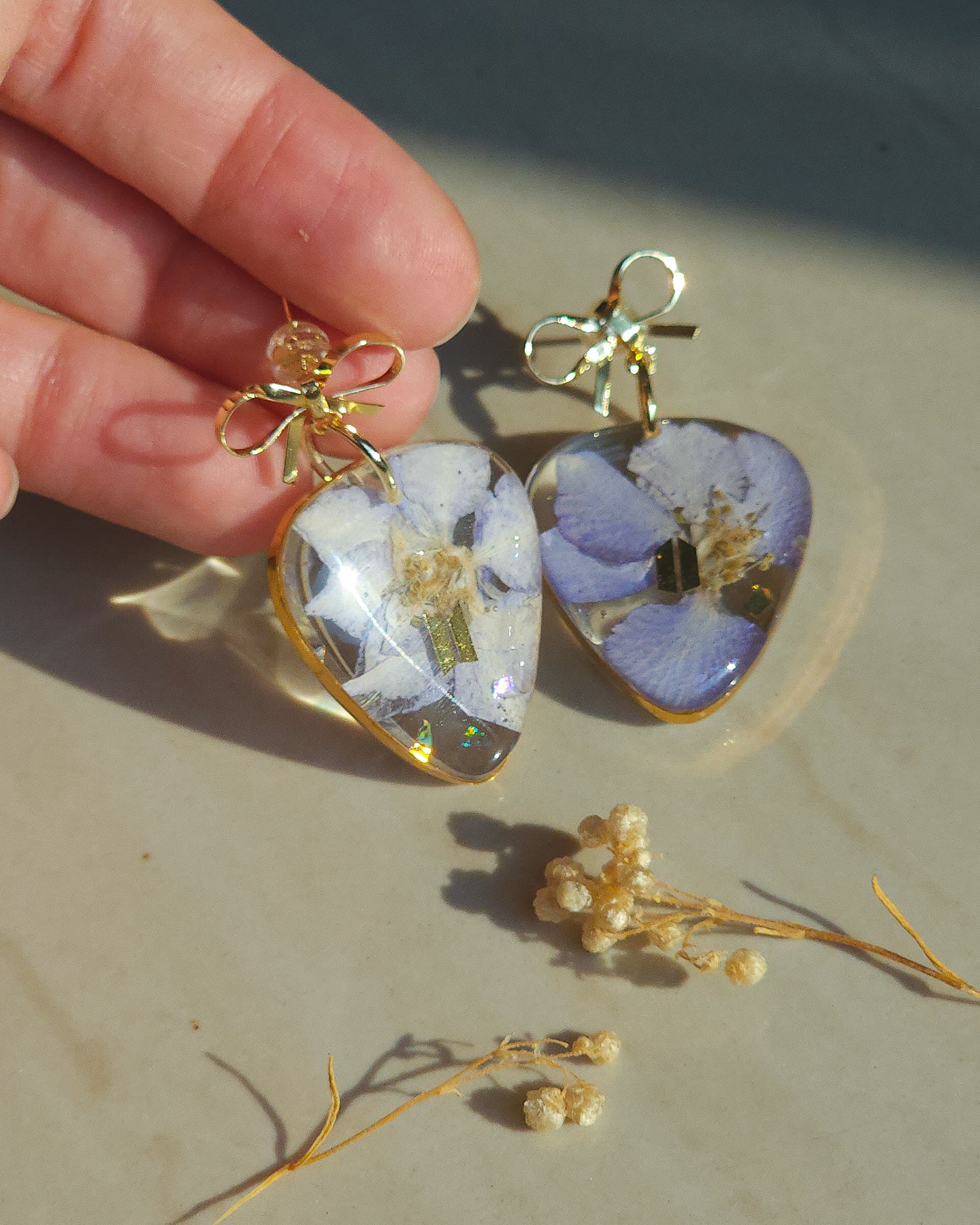 BTS inspired guitarpick earrings with wild flowers 🌺 Blue