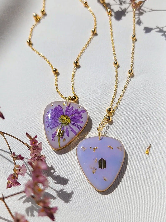 BTS inspired guitarpick necklace with real flower | purple flower