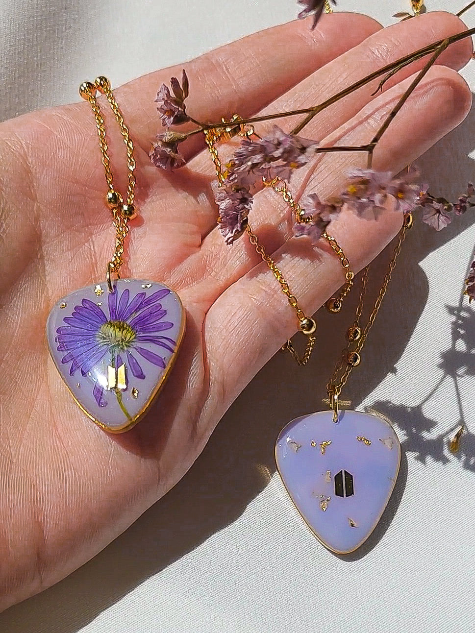 BTS inspired guitarpick necklace with real flower | purple flower