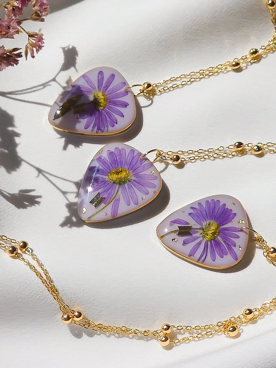 BTS inspired guitarpick necklace with real flower | purple flower