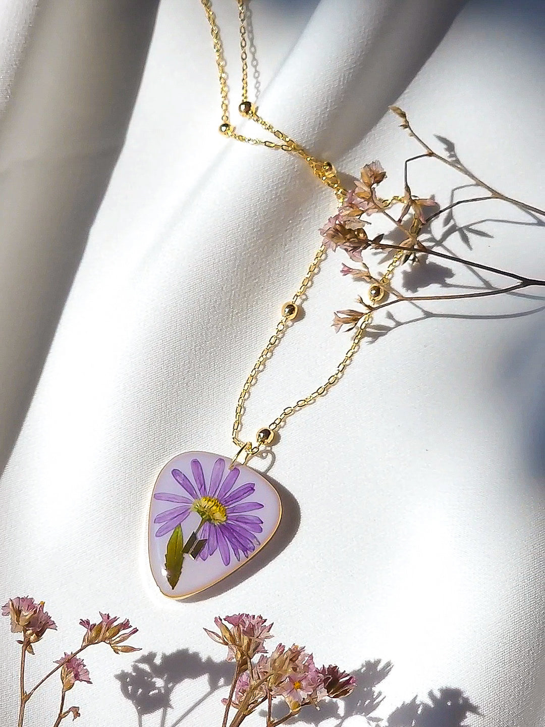 BTS inspired guitarpick necklace with real flower | purple flower