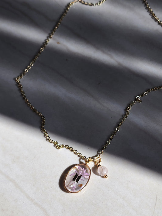 BTS inspired necklace with real flower | oval